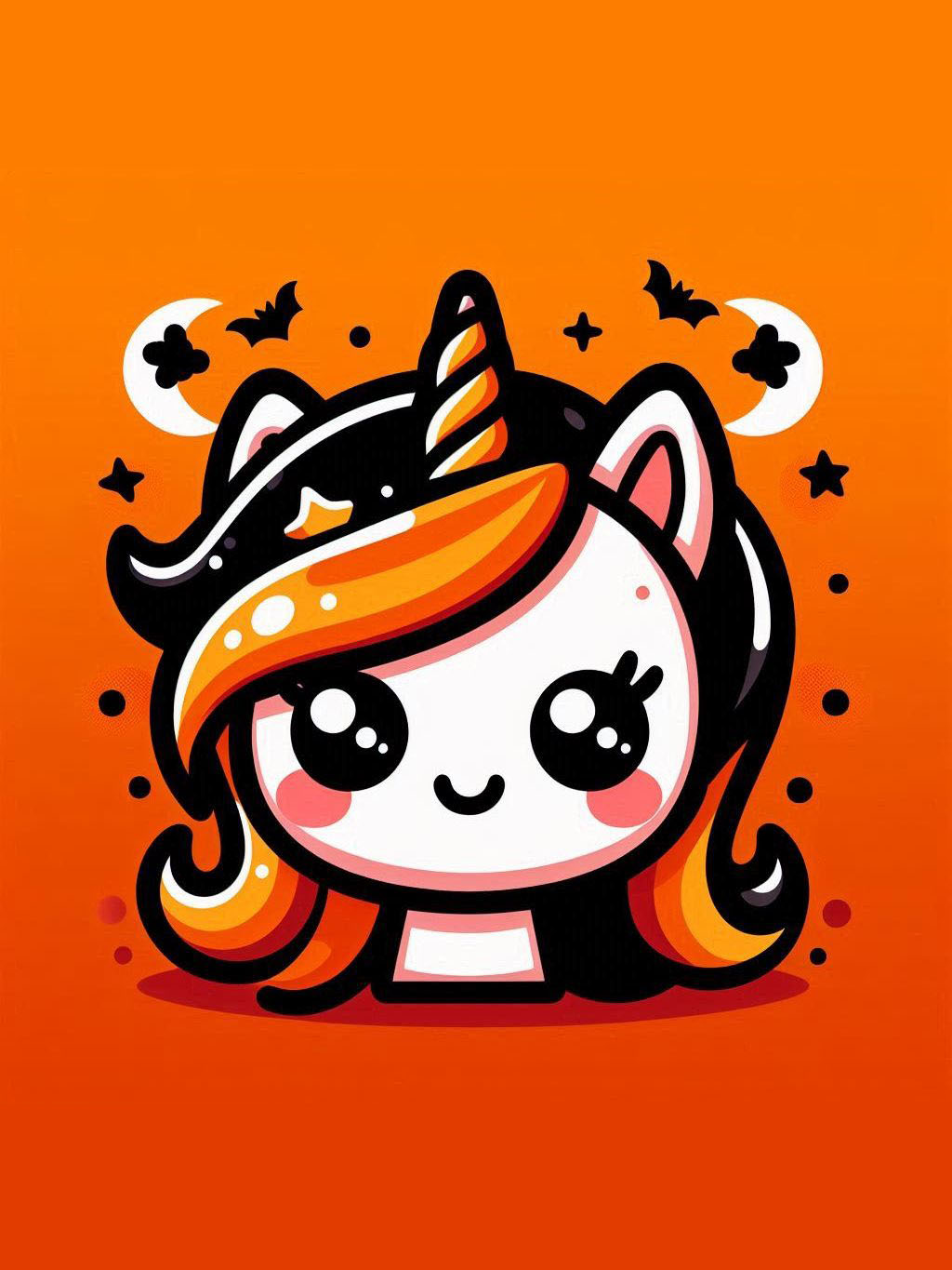 Halloween unicorn illustration ideas feature a cute black and orange unicorn with big eyes, surrounded by bats and stars.
